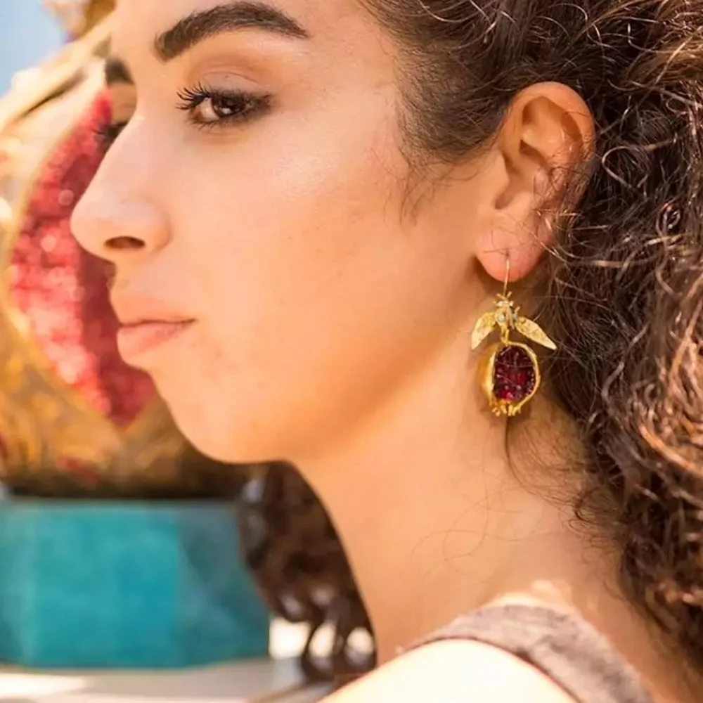 Jeweled Pomegranate Gold Dangle Unique Earrings - Picture 2 of 5